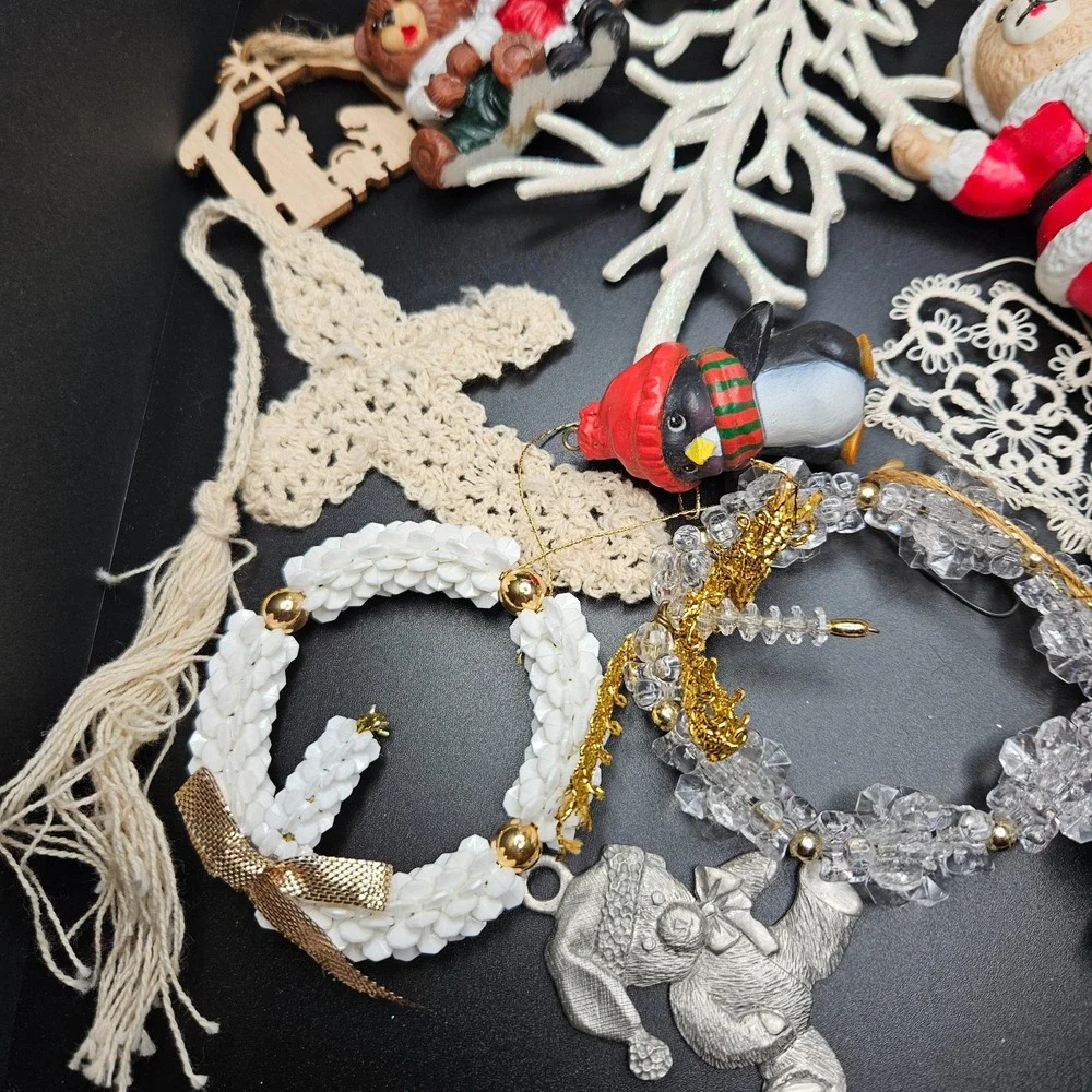 Vintage Christmas Ornament Lot –‎ Mixed Santa, Angel, Crochet & Beaded Decor